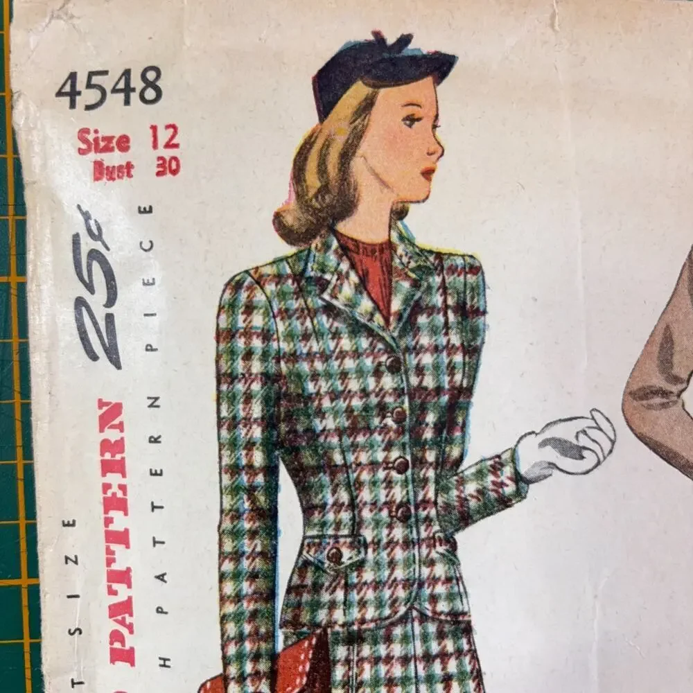 1940s Vintage Simplicity Sewing Pattern 4548 Uncut WWII Misses Suit Size 30 Bust